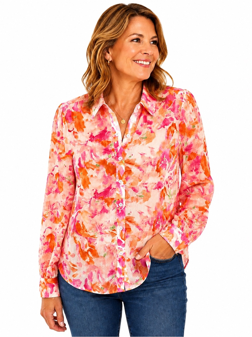 PRETTYGARDEN Watercolor Floral Button Up Blouse Medium ~ Pink and Orange